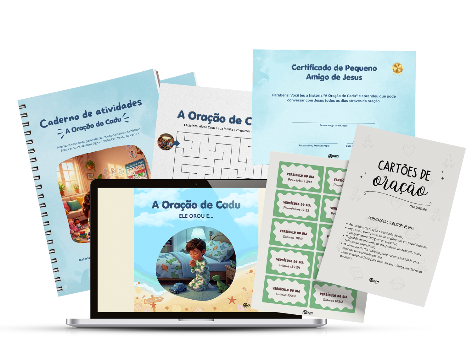 Páginas do livro, caderno de atividades e cartões de oração